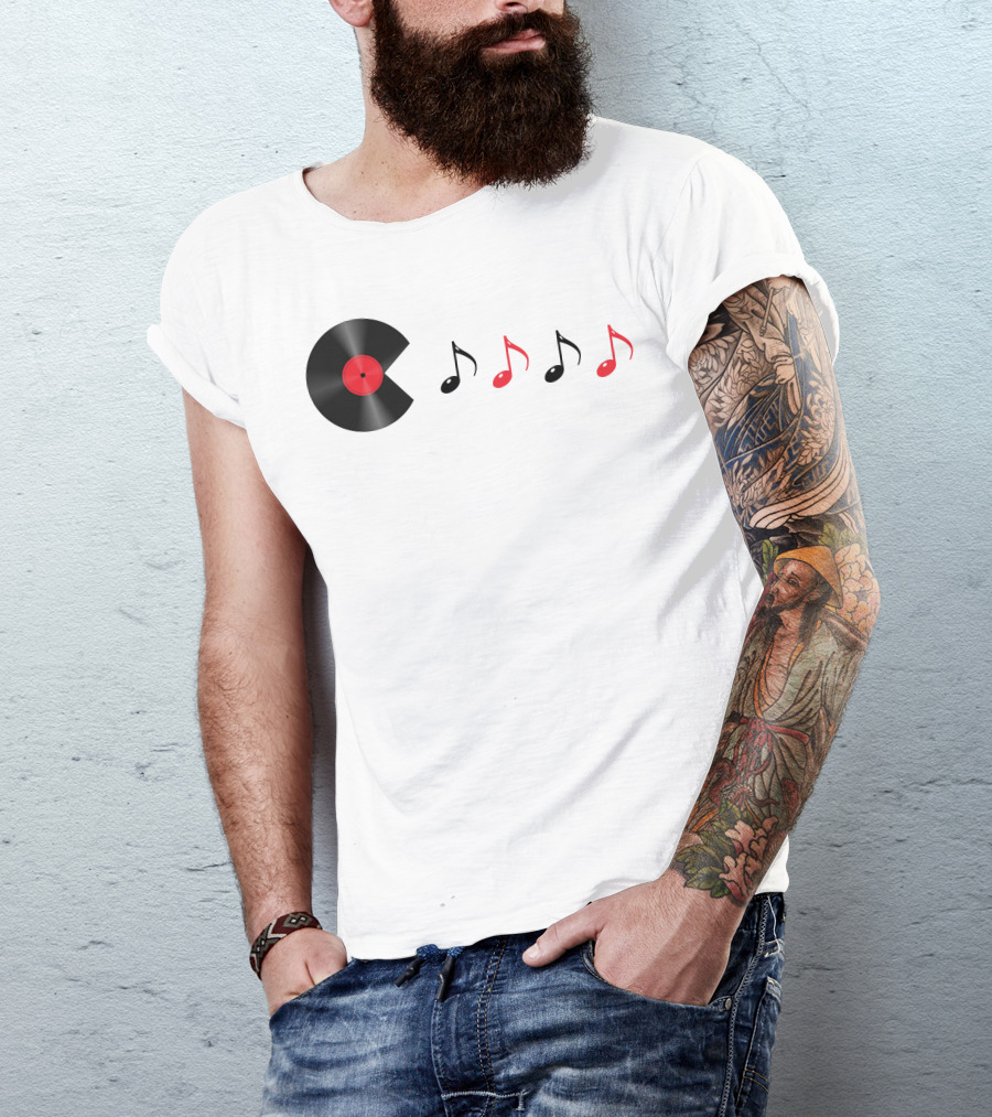 Pac Man Record Vinyl Music Notes Retro Gaming T-Shirt