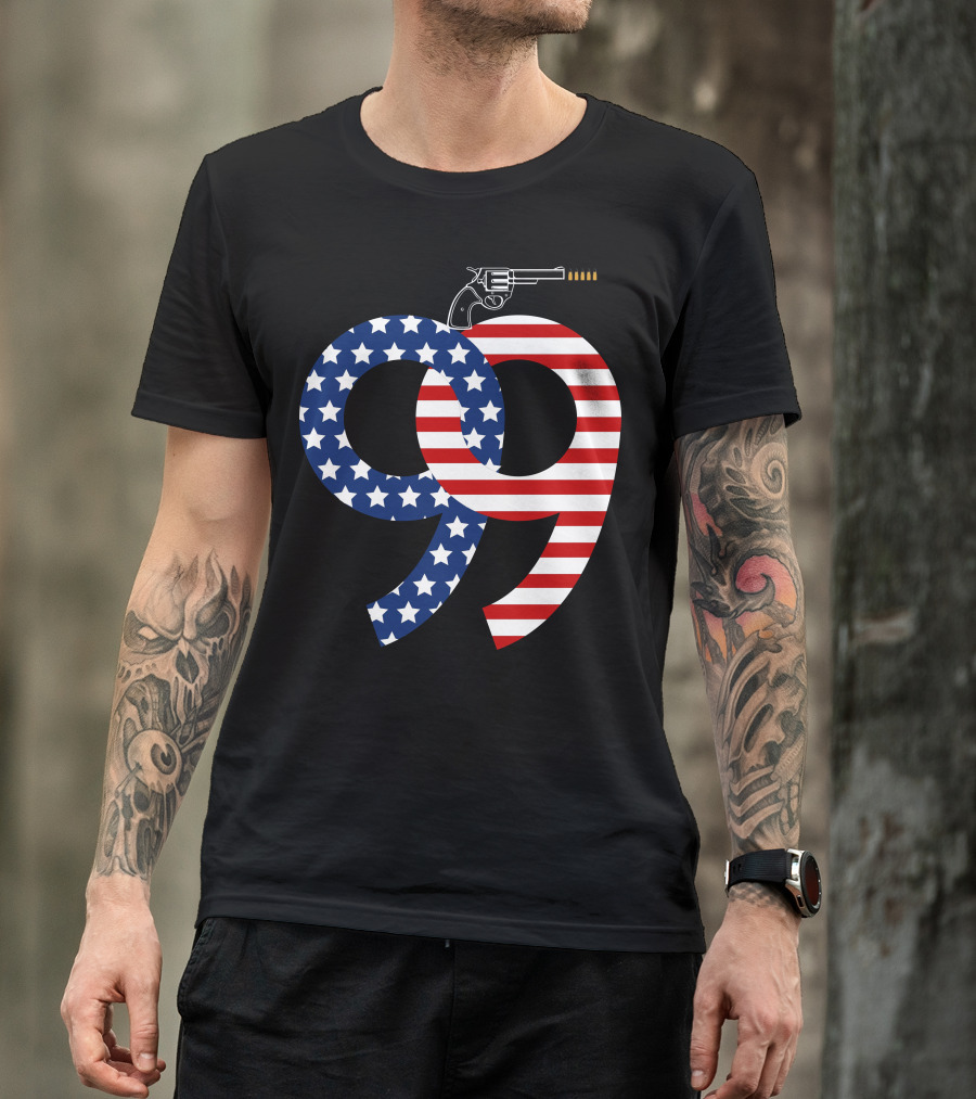 99 American Flag Stars And Stripes Revolver Gun T-Shirt