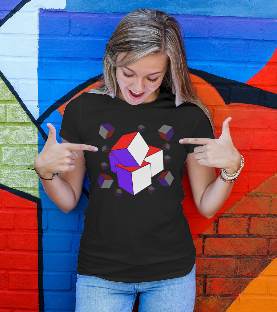 3D Cube Abstract Geometric Pattern Red White Blue Blocks T-Shirt