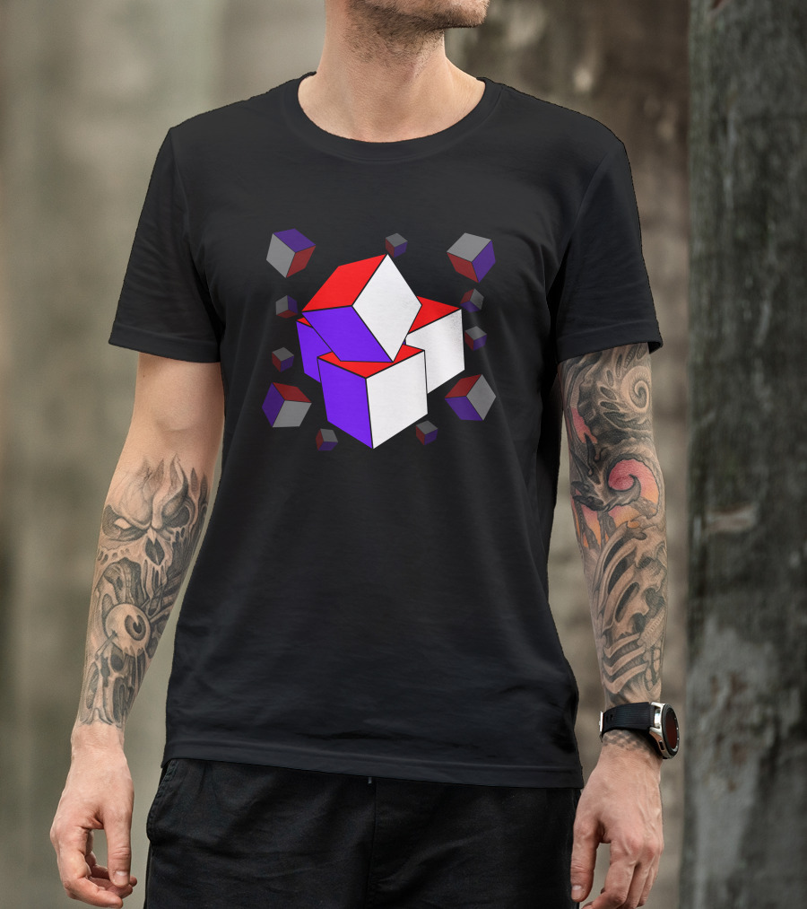 3D Cube Abstract Geometric Pattern Red White Blue Blocks T-Shirt