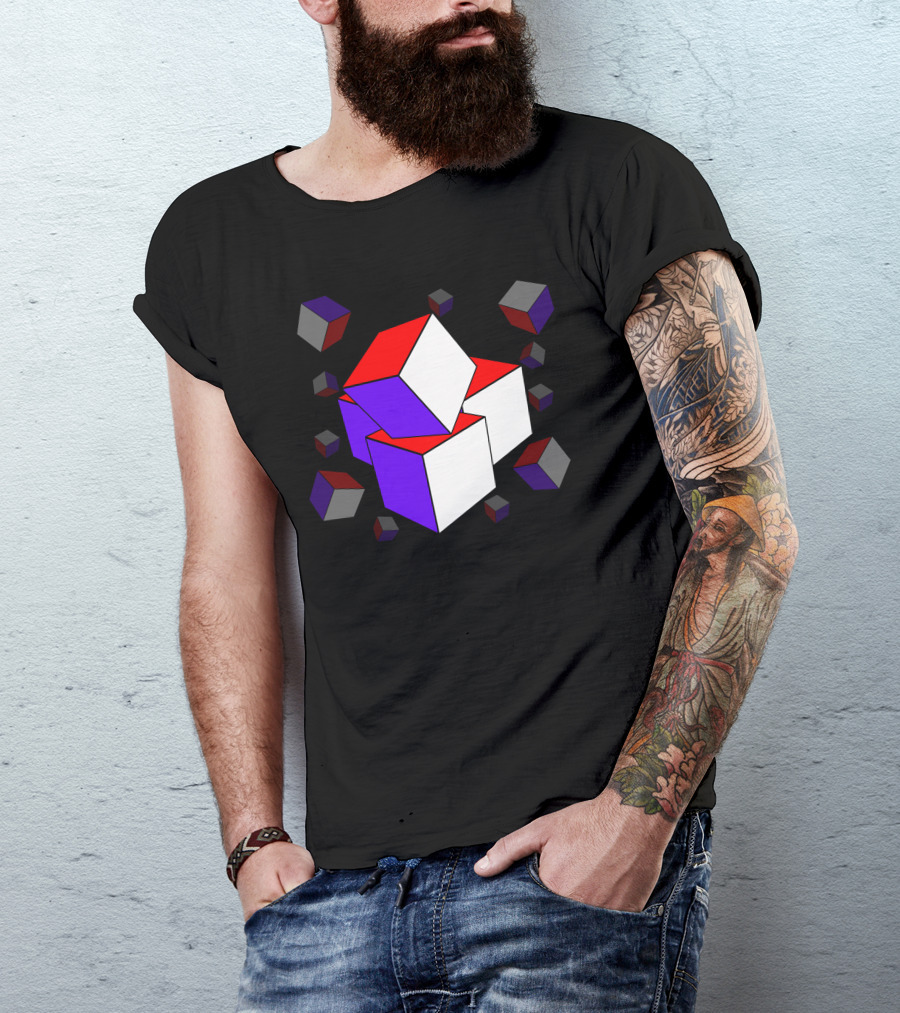 3D Cube Abstract Geometric Pattern Red White Blue Blocks T-Shirt