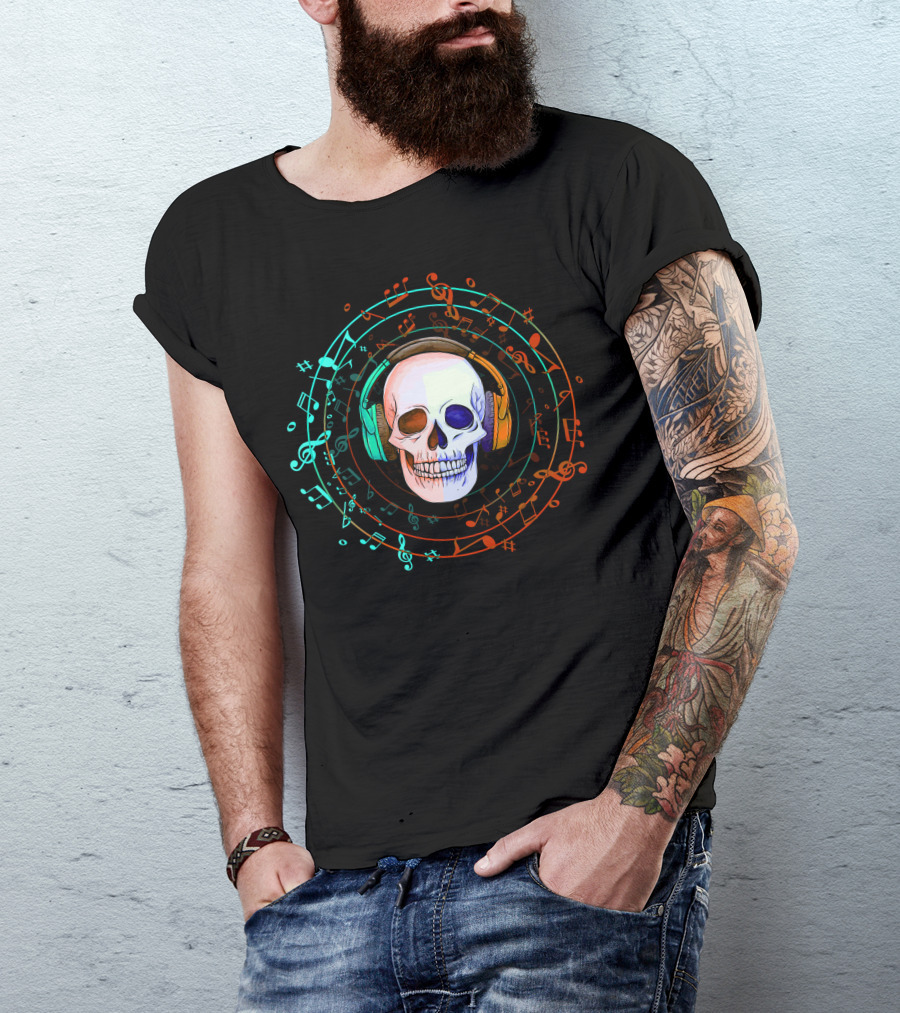 Skull With Headphones Music Notes Vortex T-Shirt
