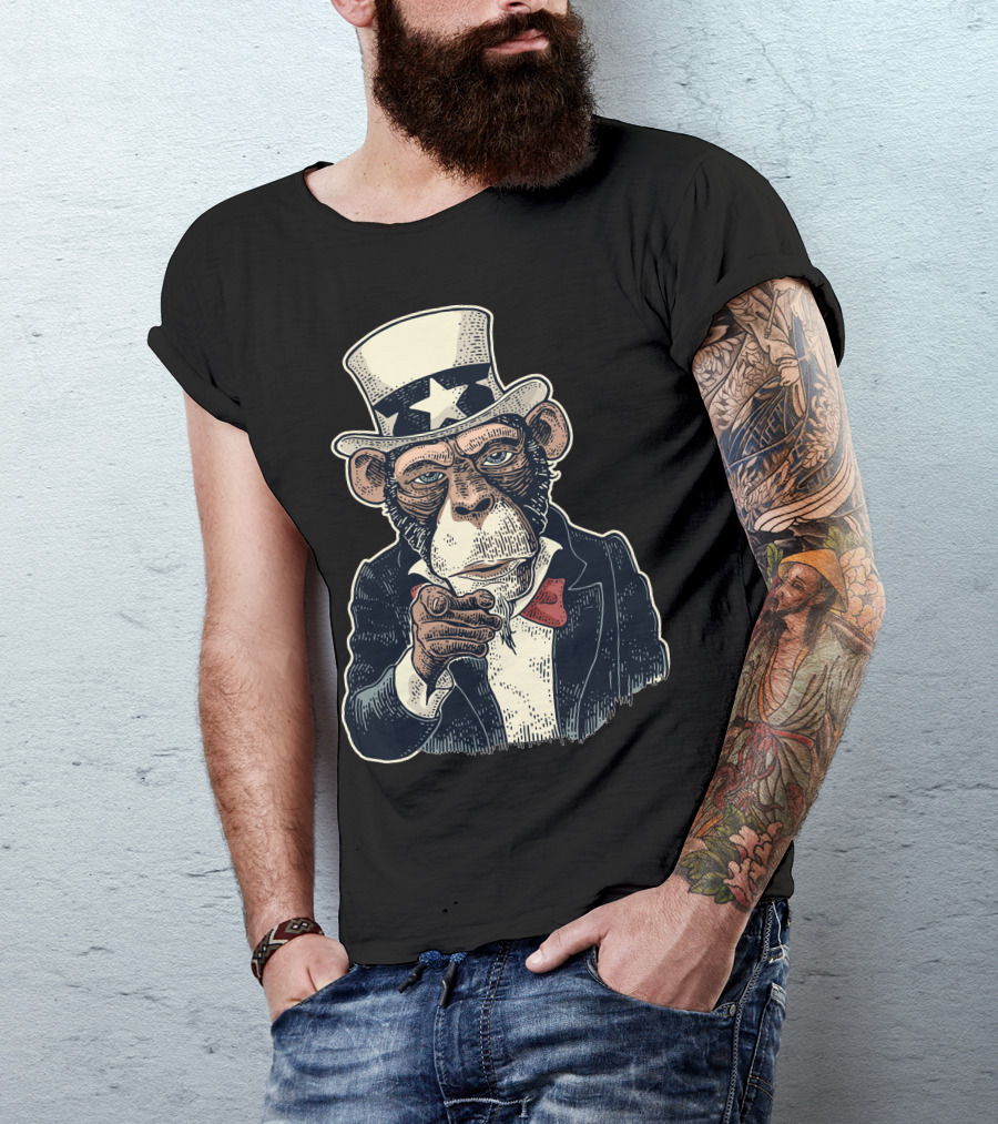 Monkey Uncle Sam Stars And Stripes Pointing Finger T-Shirt