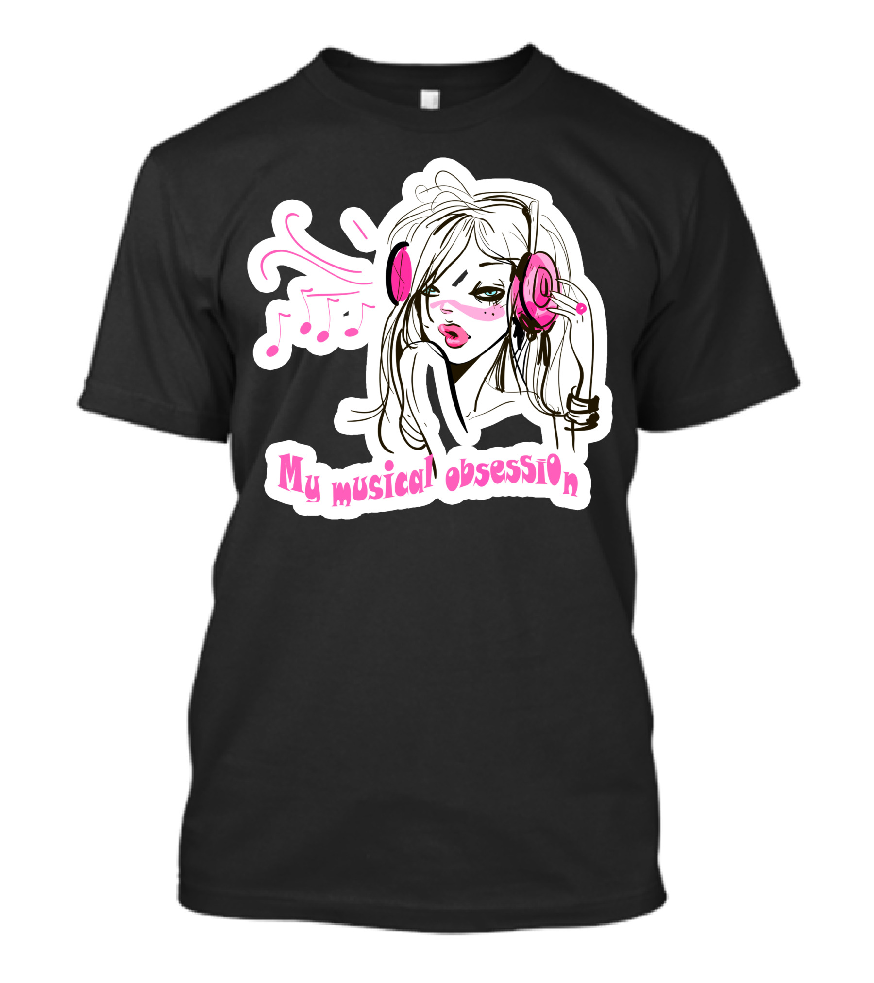 My Musical Obsession Headphone Girl With Music Notes And Pink Highlights T-Shirt