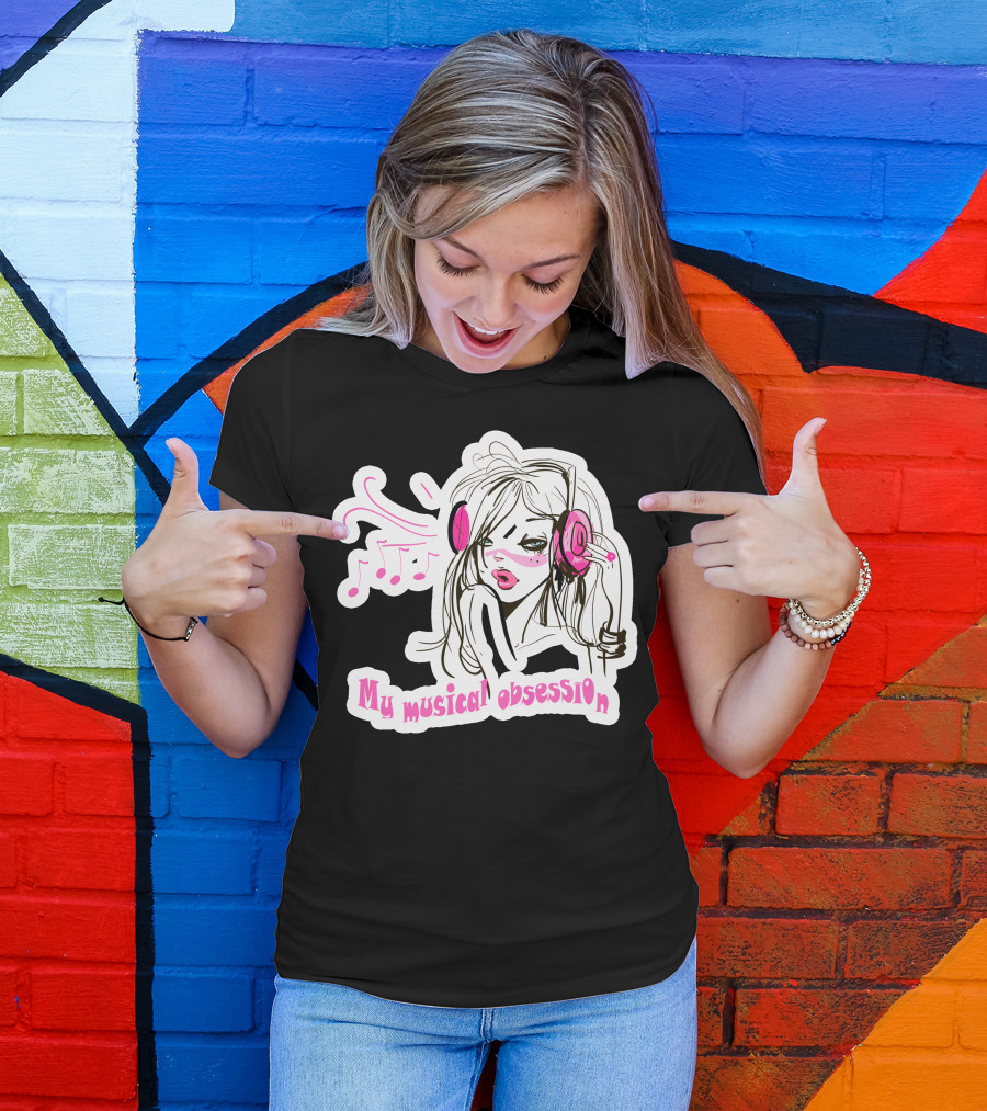 My Musical Obsession Headphone Girl With Music Notes And Pink Highlights T-Shirt