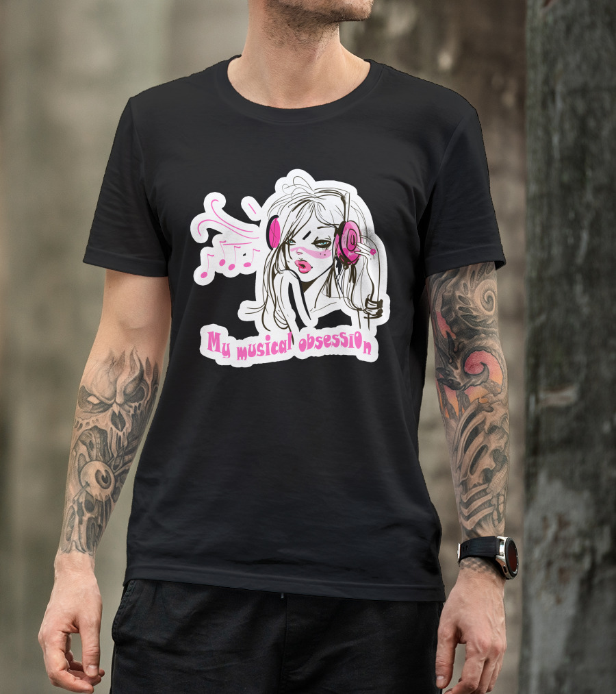 My Musical Obsession Headphone Girl With Music Notes And Pink Highlights T-Shirt