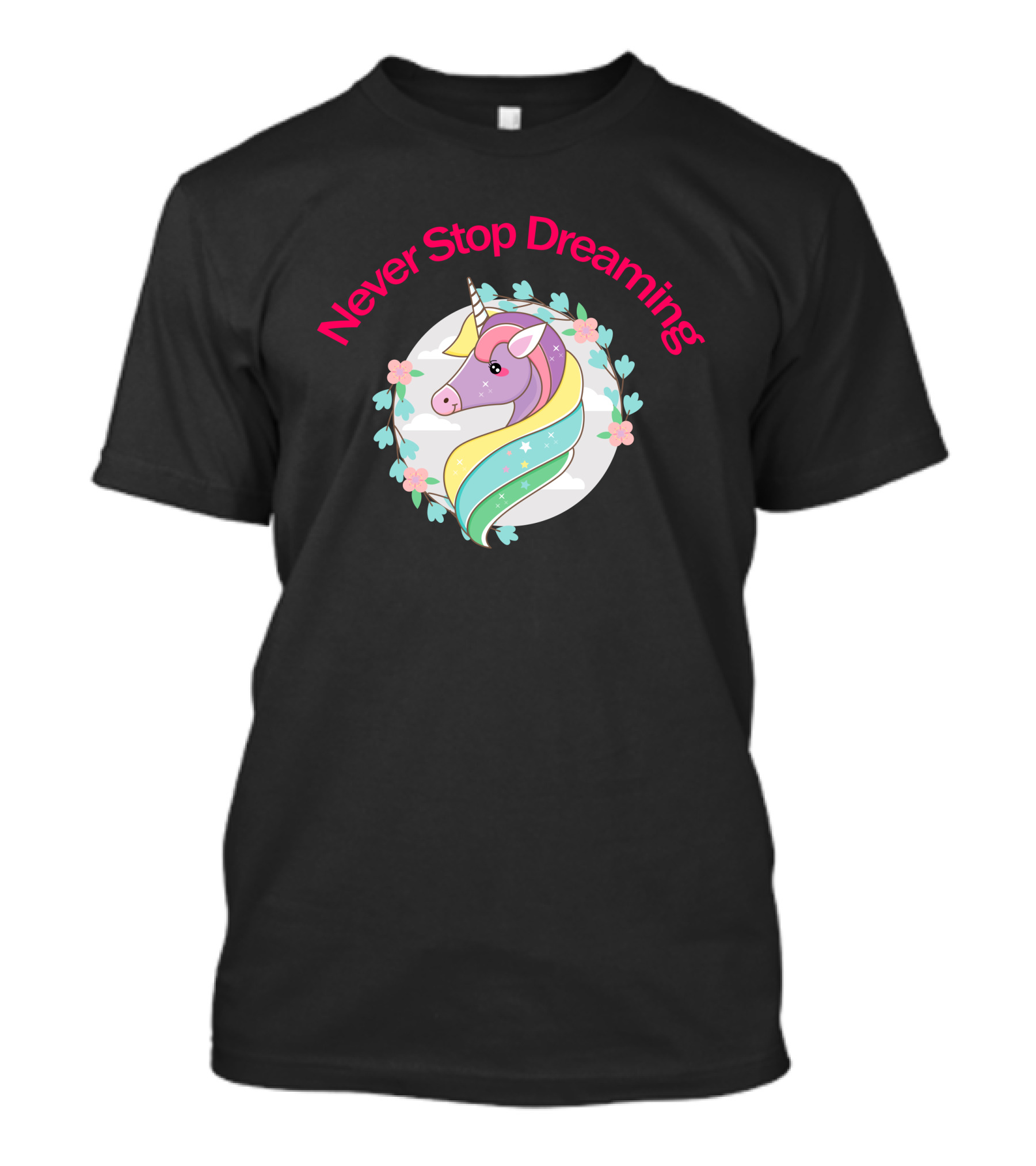 Never Stop Dreaming Unicorn Pastel Rainbow Floral Frame T-Shirt