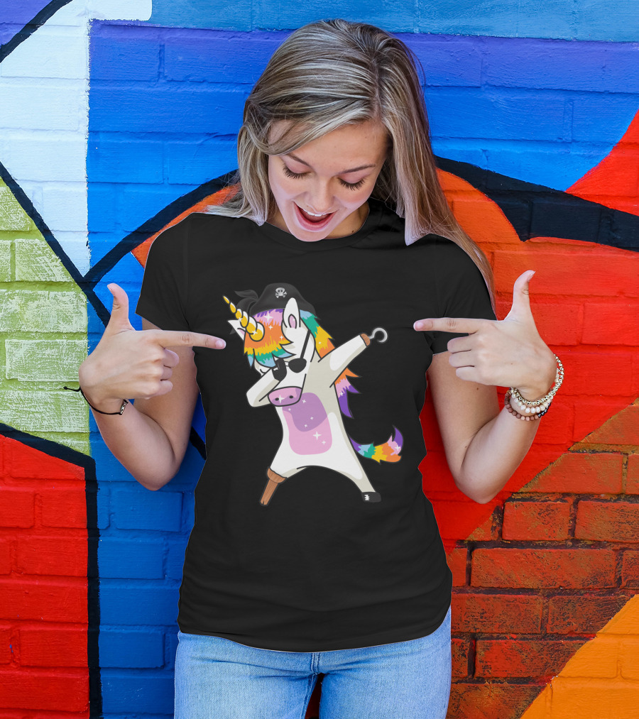 Dabbing Unicorn Pirate With Rainbow Mane Wearing Eyepatch And Pirate Hat T-Shirt