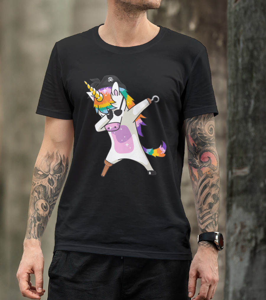 Dabbing Unicorn Pirate With Rainbow Mane Wearing Eyepatch And Pirate Hat T-Shirt