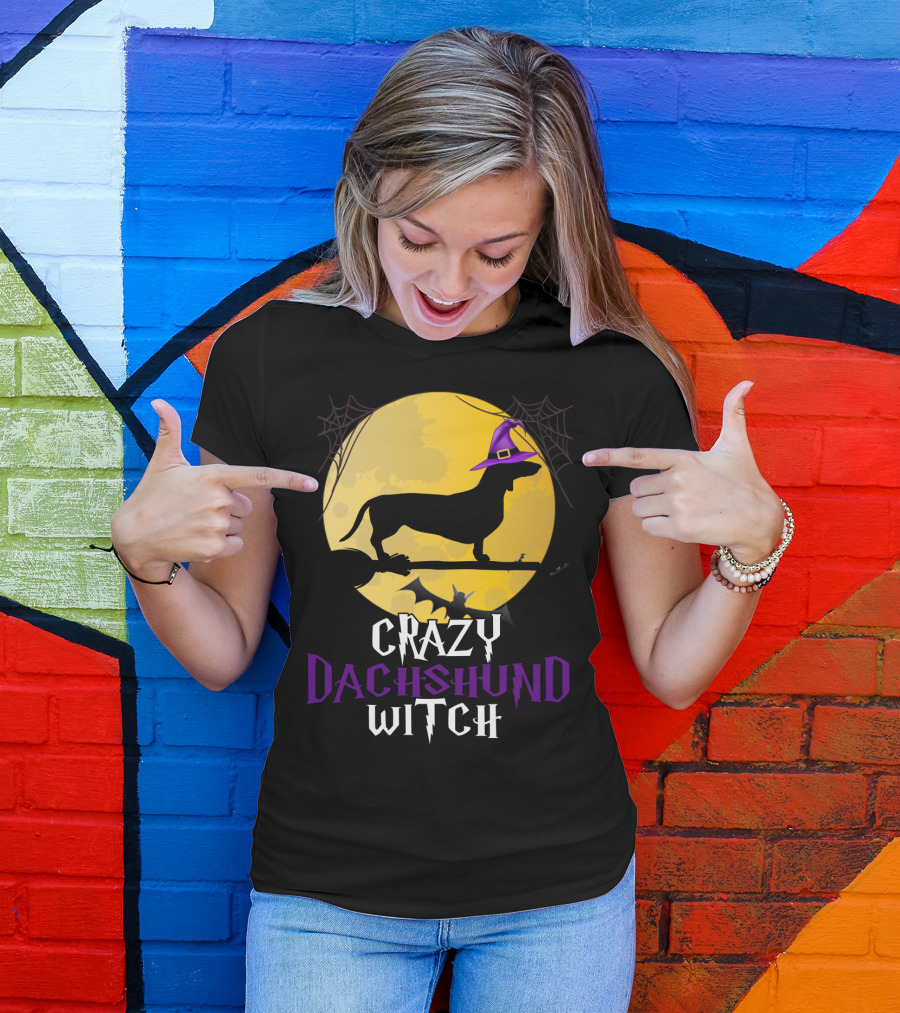 Crazy Dachshund Witch Dog Halloween Moon Silhouette With Broomstick And Purple Hat T-Shirt