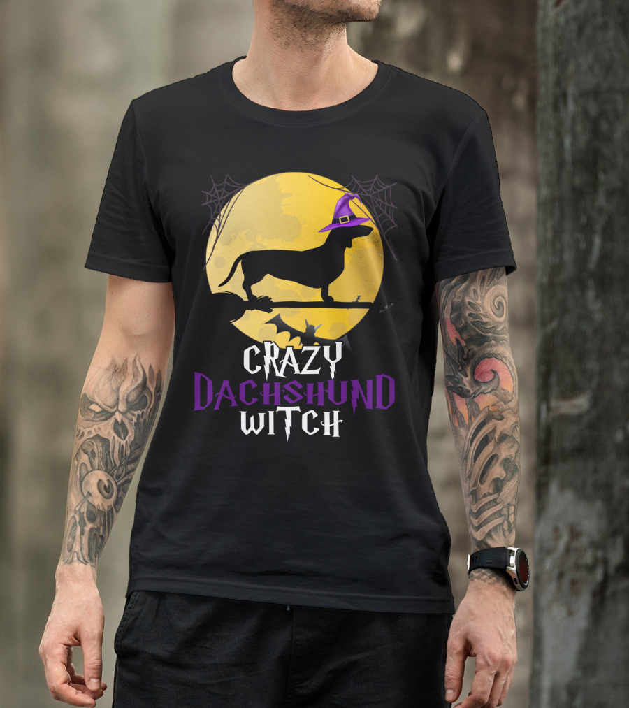 Crazy Dachshund Witch Dog Halloween Moon Silhouette With Broomstick And Purple Hat T-Shirt
