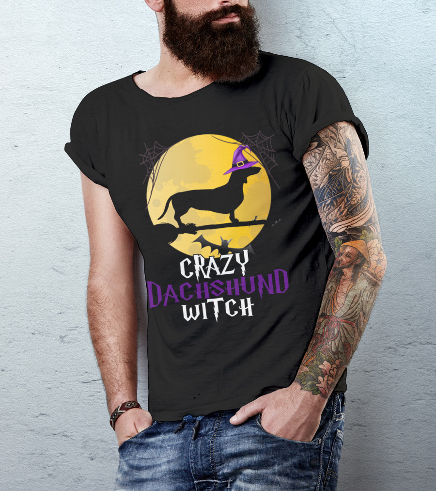 Crazy Dachshund Witch Dog Halloween Moon Silhouette With Broomstick And Purple Hat T-Shirt