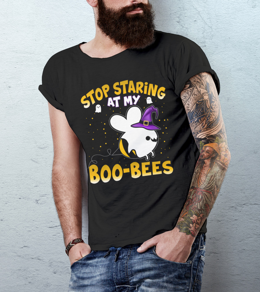 Stop Staring At My Boo Bees Halloween Ghost Bees With Witch Hat And Yellow Dots T-Shirt