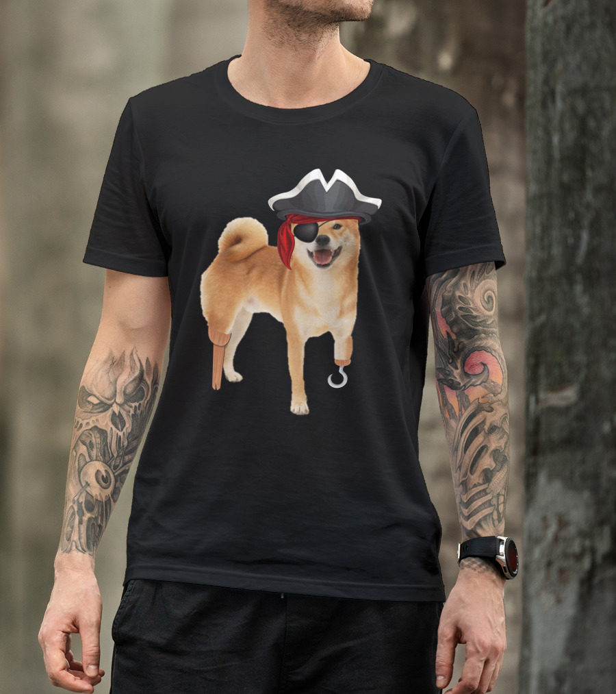 Shiba Inu Pirate With Hook And Peg Leg For Halloween Dog Lovers T-Shirt