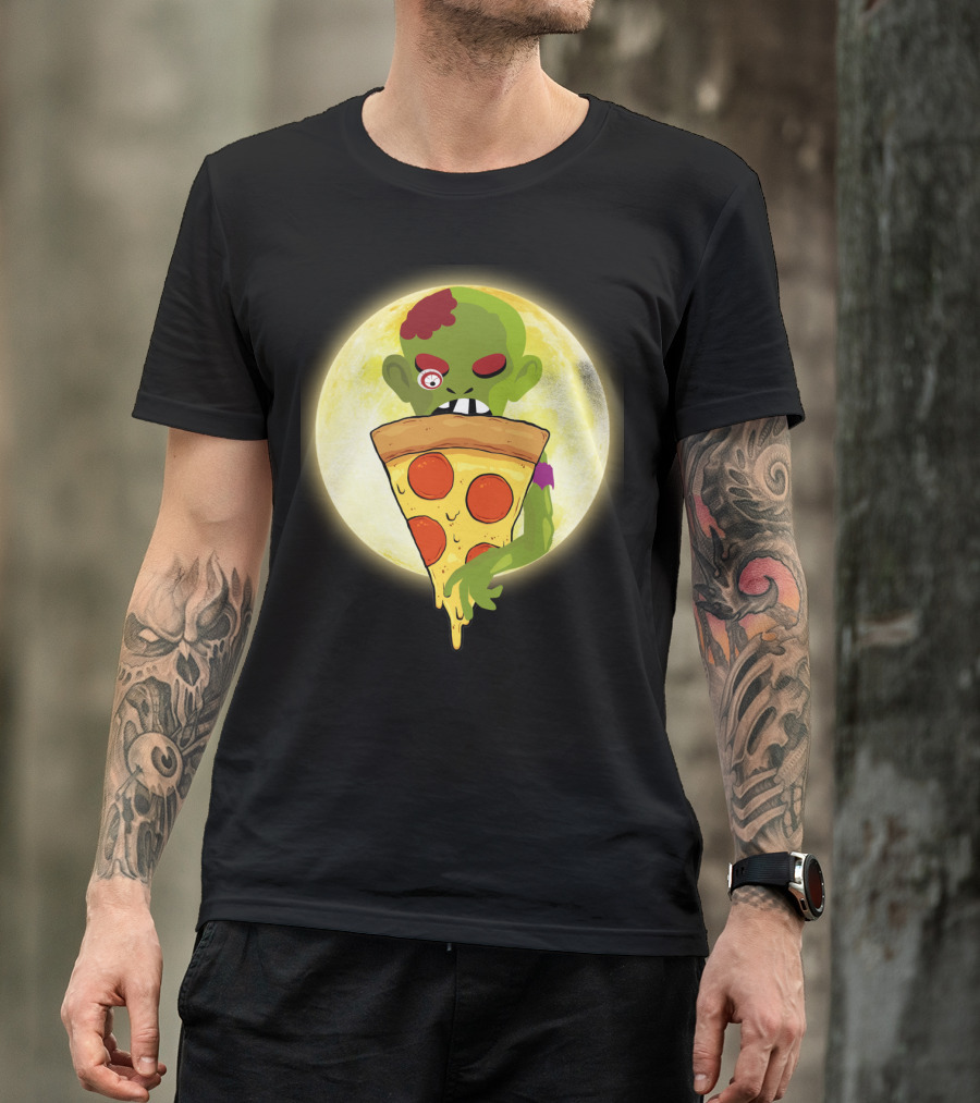 Zombie Eating Pepperoni Pizza Under Full Moon T-Shirt