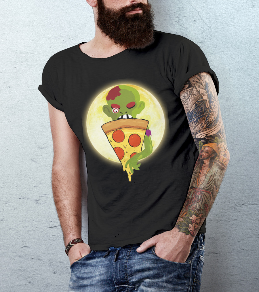Zombie Eating Pepperoni Pizza Under Full Moon T-Shirt