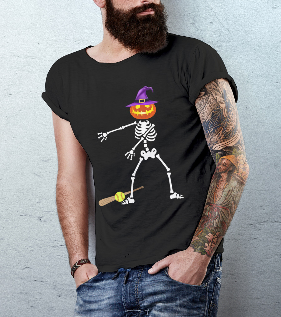 Skeleton Pumpkin Witch Performing Floss Dance With Softball Bat T-Shirt