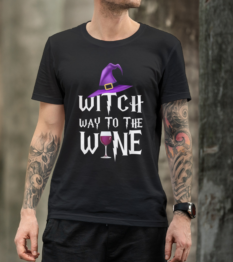 Purple Witch Hat And Wine Glass With Witch Way To The Wine Text In Lightning Font T-Shirt