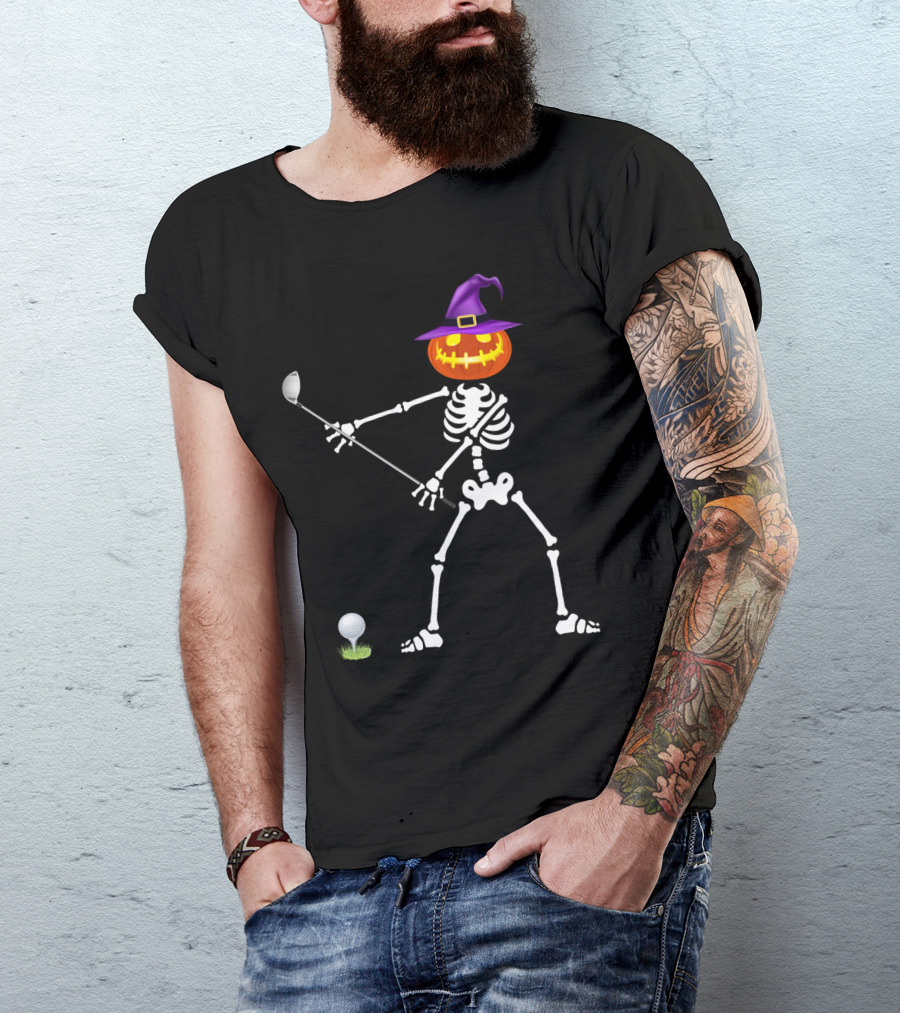 Golf Skeleton With Witch Pumpkin Head Halloween Lazy T-Shirt