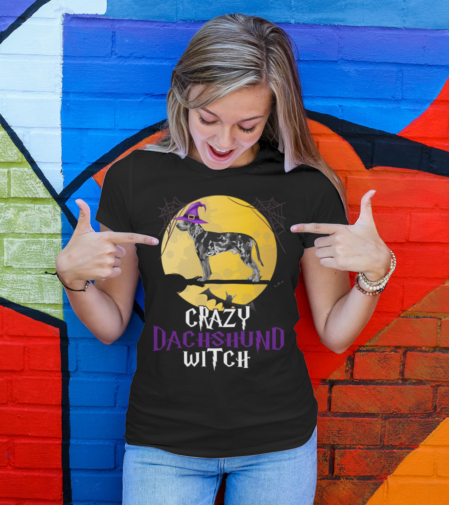 Crazy Dachshund Witch Dog With Purple Hat And Broom Halloween T-Shirt
