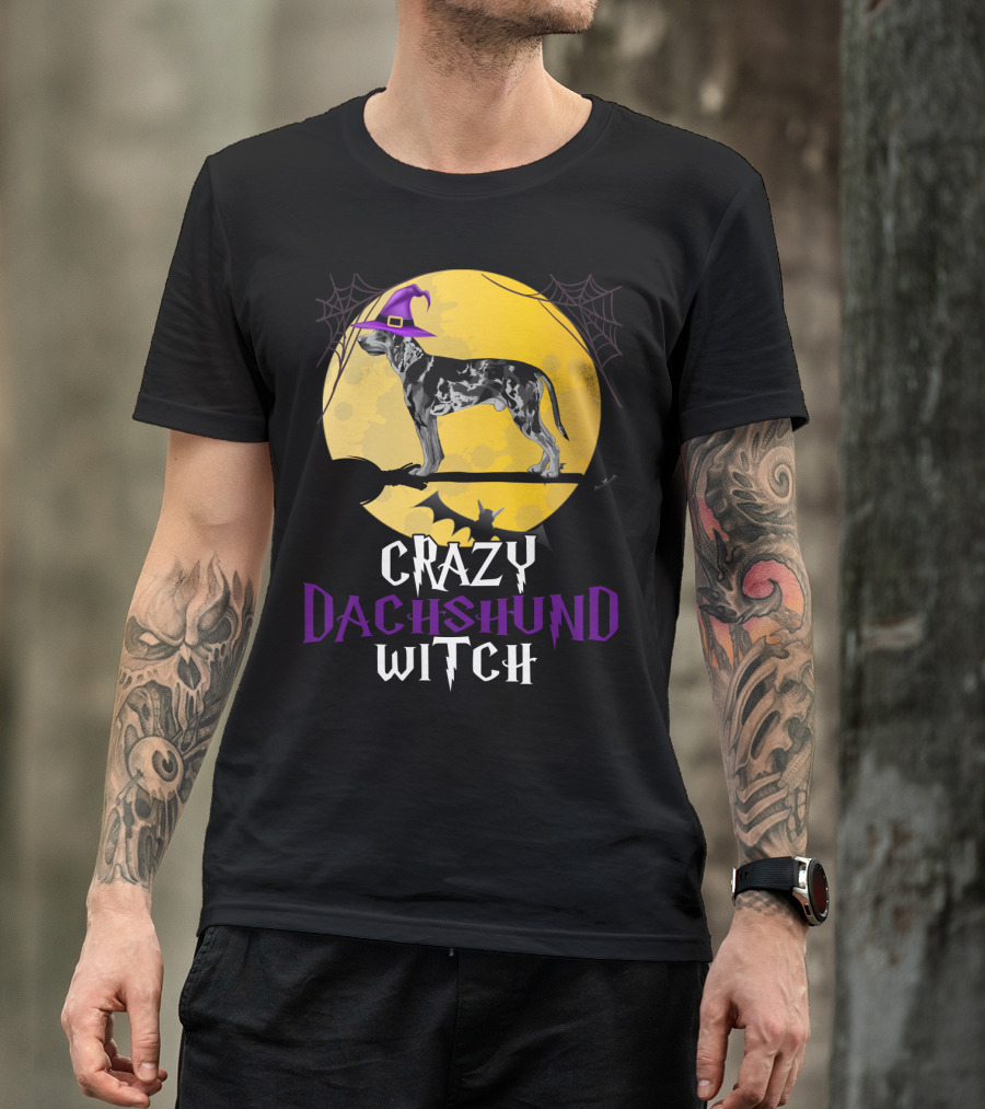 Crazy Dachshund Witch Dog With Purple Hat And Broom Halloween T-Shirt