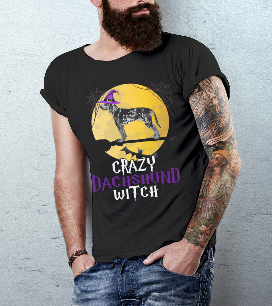 Crazy Dachshund Witch Dog With Purple Hat And Broom Halloween T-Shirt