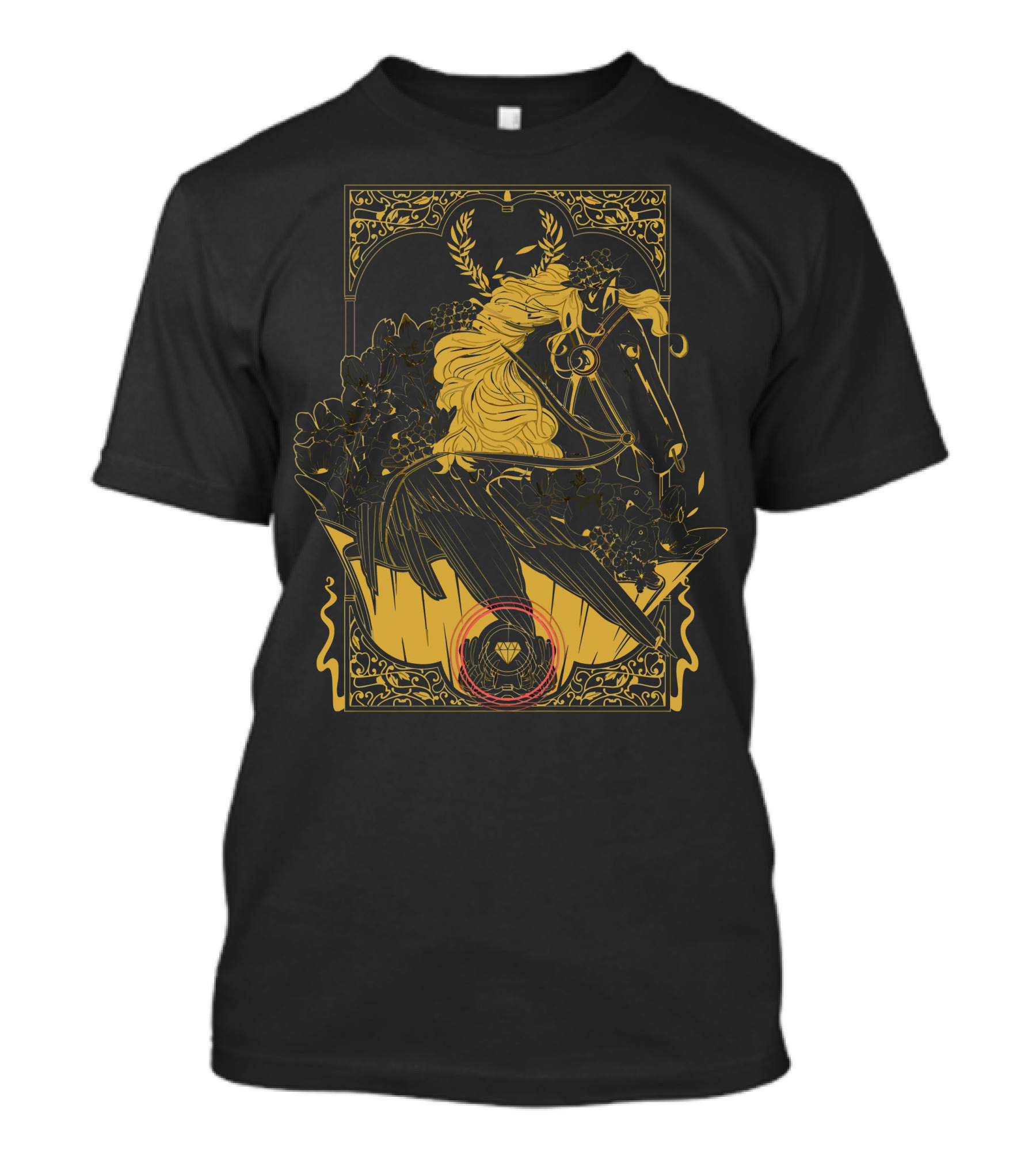 Pegasvs Mythical Steed With Floral Accents And Art Nouveau Elements T-Shirt