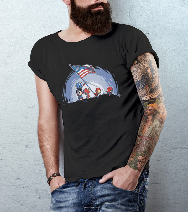 Mini Heroes Raising The American Flag Together T-Shirt