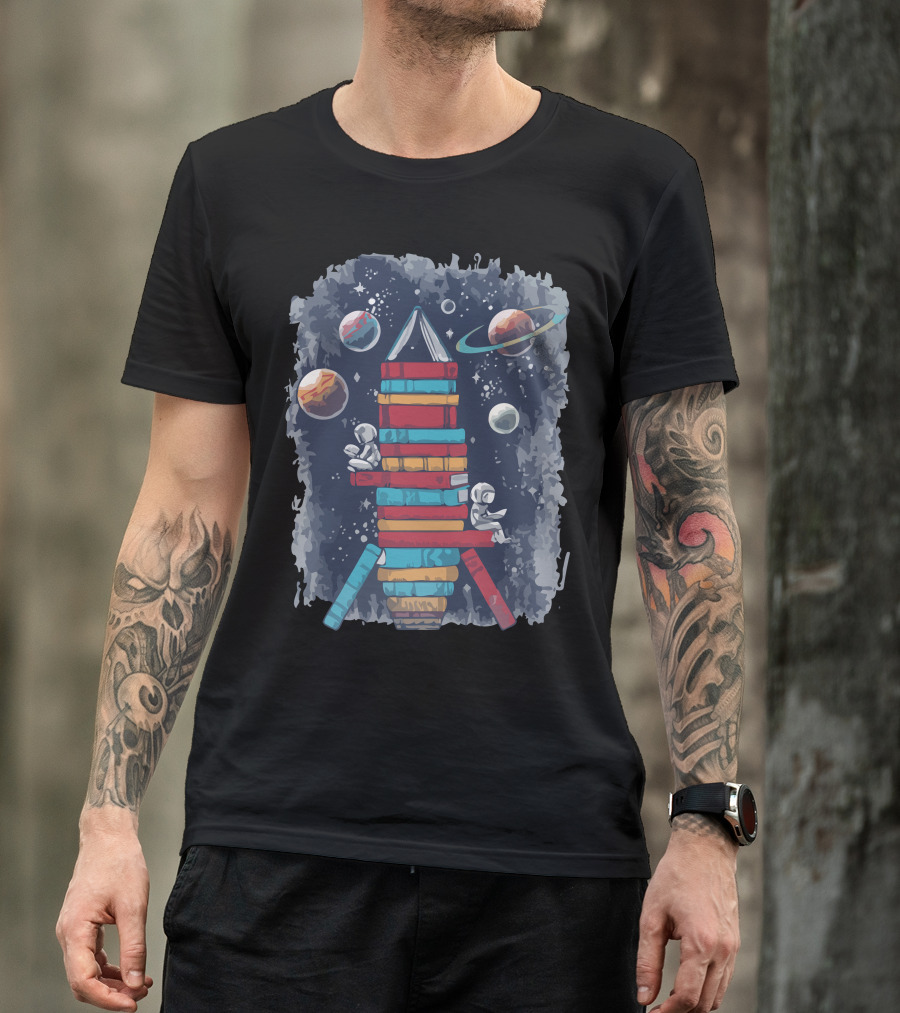 Reading Rocket Ship Astronauts With Books In Space Planets T-Shirt