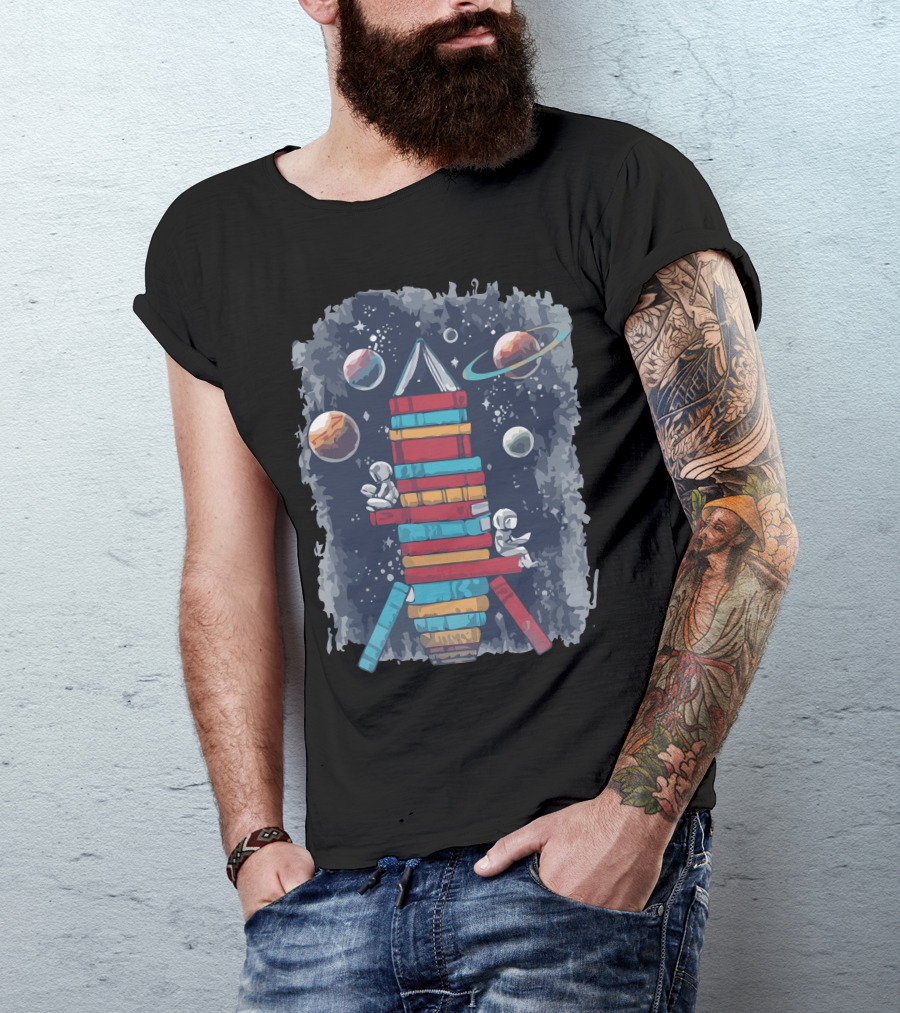 Reading Rocket Ship Astronauts With Books In Space Planets T-Shirt