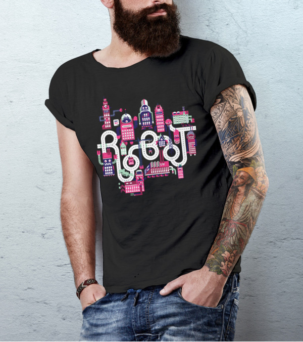 Robo Cityscape With Robotic Figures And Buildings T-Shirt