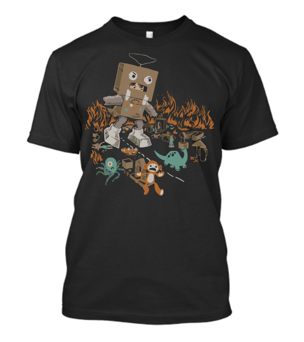 Robotron Cardboard Box Costume Stomps Over Toy Dinosaur And Alien Amidst Flames T-Shirt