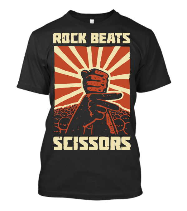 Rock Beats Scissors Hand Gesture With Sunburst And Crowd Background T-Shirt
