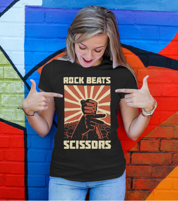 Rock Beats Scissors Hand Gesture With Sunburst And Crowd Background T-Shirt