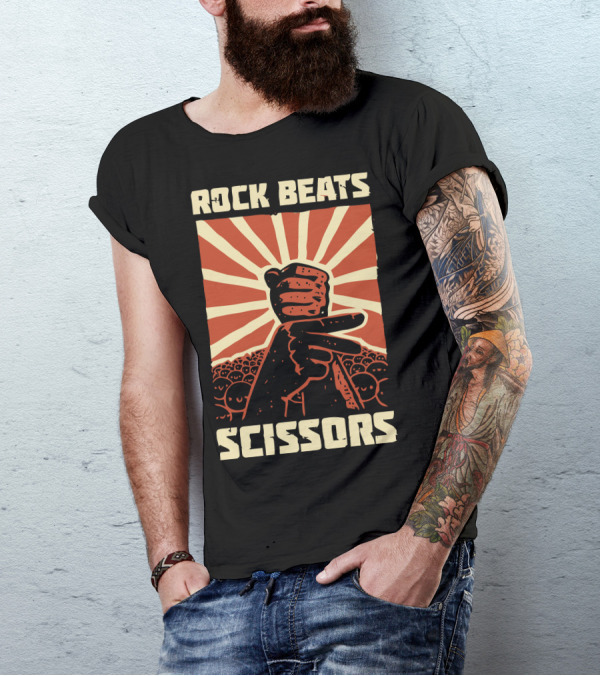 Rock Beats Scissors Hand Gesture With Sunburst And Crowd Background T-Shirt