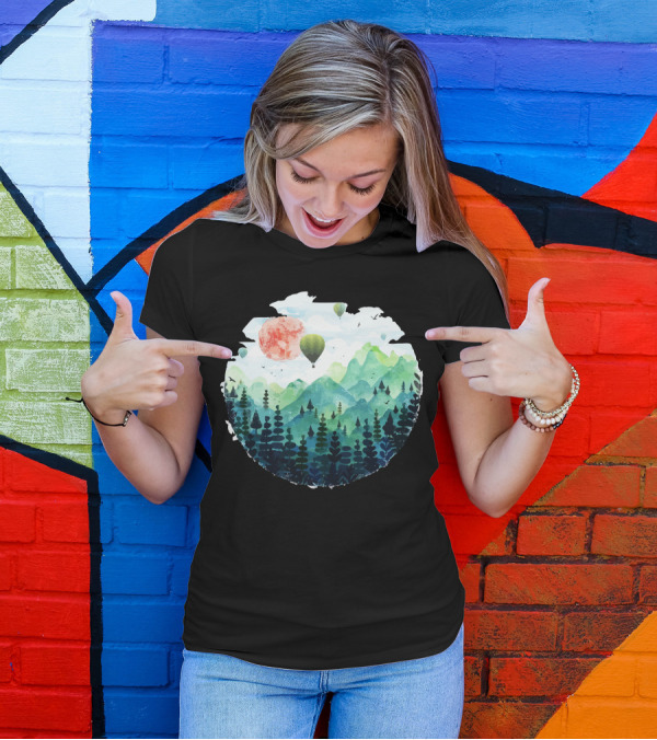 Roundscape Forest Mountains With Hot Air Balloons And Sunset Circle T-Shirt