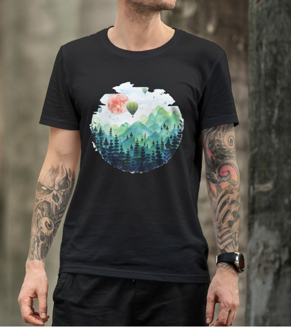 Roundscape Forest Mountains With Hot Air Balloons And Sunset Circle T-Shirt