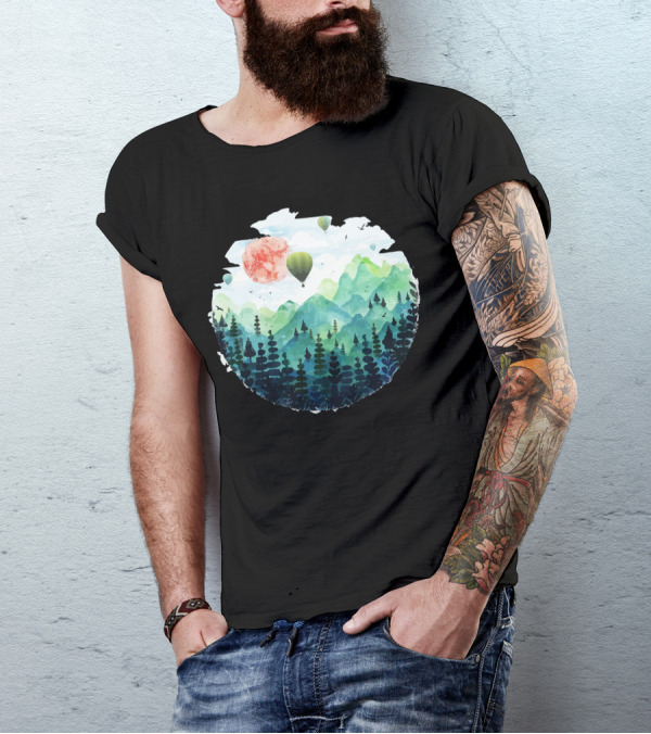 Roundscape Forest Mountains With Hot Air Balloons And Sunset Circle T-Shirt