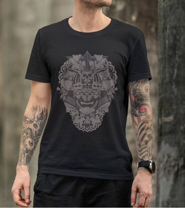 Samurai Dawn Intricate Skull Mask Emblem T-Shirt
