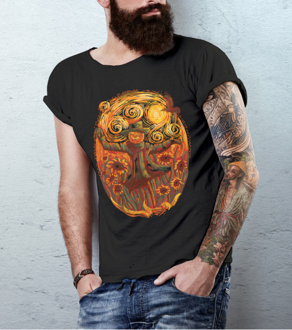 Scarecrogh Sunflowers And Spirals Starry Night T-Shirt