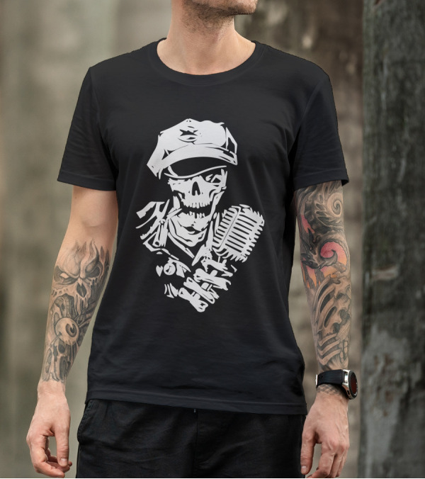 Singer Black Skull Microphone Skeleton With Cap T-Shirt