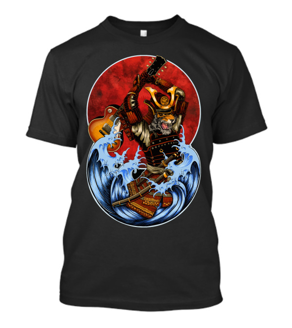 Six String Samurai Wielding Guitar In Samurai Armor Battling Waves T-Shirt
