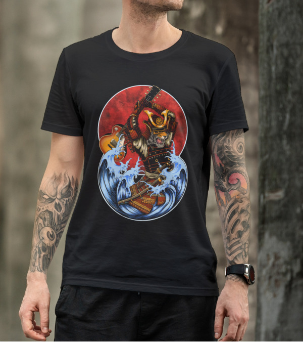 Six String Samurai Wielding Guitar In Samurai Armor Battling Waves T-Shirt