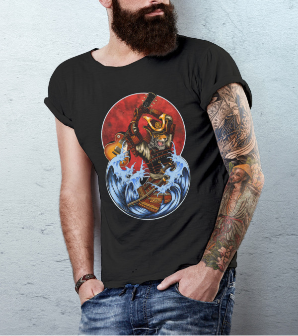 Six String Samurai Wielding Guitar In Samurai Armor Battling Waves T-Shirt