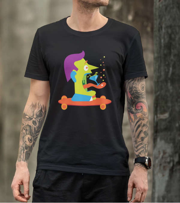 Skate Face Cartoon Character On Skateboard With Cocktail Explosion T-Shirt