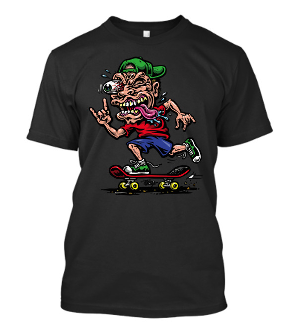 Skate Freak Cartoon Monster Boy On Skateboard With Cap And Sneakers T-Shirt