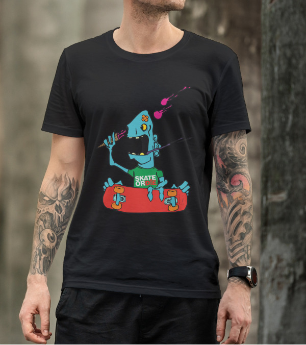 Skate Or Die Cartoon Ice Cream Monster With Red Skateboard T-Shirt