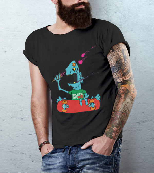 Skate Or Die Cartoon Ice Cream Monster With Red Skateboard T-Shirt