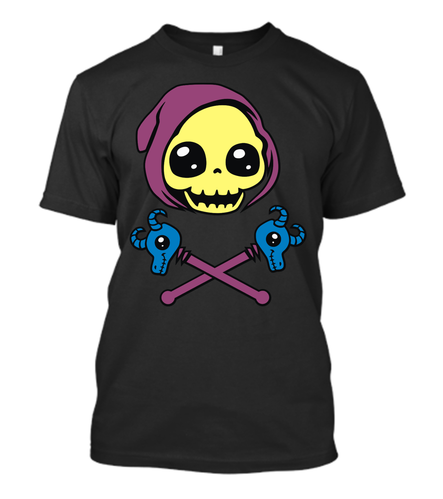 Skeletaw Crossbones Grim Reaper Skull With Blue Ram Skulls Crossed T-Shirt