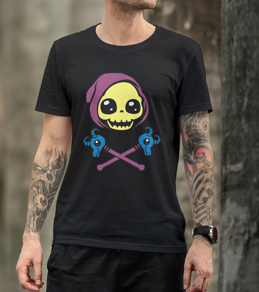 Skeletaw Crossbones Grim Reaper Skull With Blue Ram Skulls Crossed T-Shirt